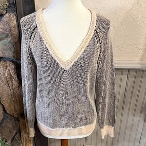 V-Neck Knit Sweater - Cream and Black